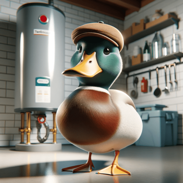 lucky the duck in front of a new water heater installation in buffalo, ny