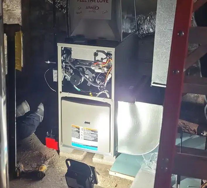 Newly installed Lennox furnace and ductwork in a Western NY basement, donated through Emerald's Feel the Love program