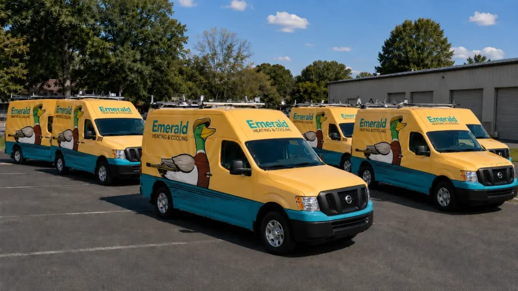 Emerald Heating & Cooling service vans in Depew, NY, ready for local HVAC repairs and maintenance.