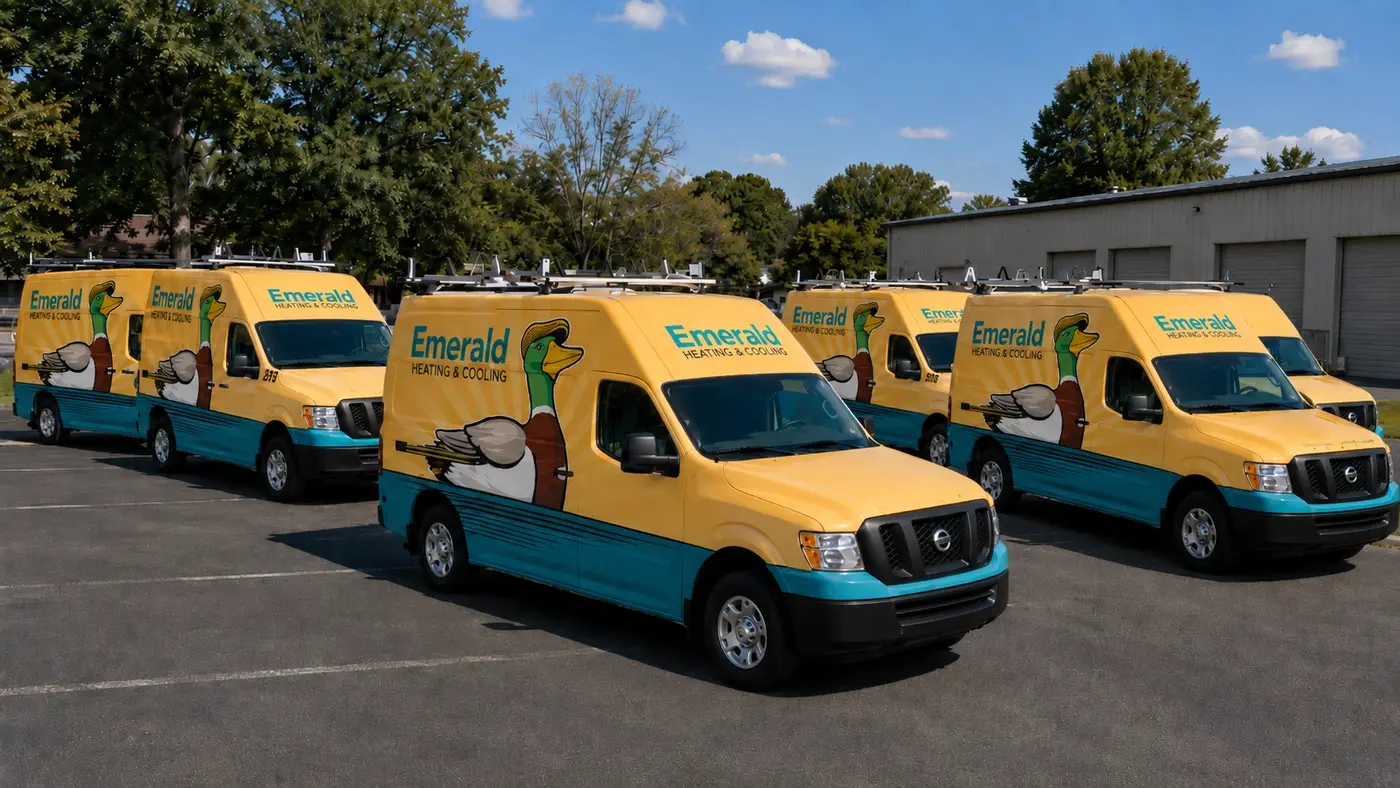 Emerald Heating & Cooling service vans in Depew, NY, ready for local HVAC repairs and maintenance.