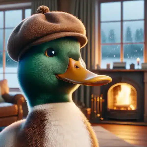 lucky the duck inside during a winter storm