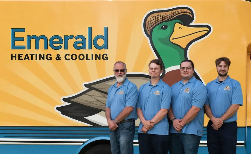 Emerald Heating & Cooling staff posing in front of their service van in Depew, NY, ready for HVAC calls.