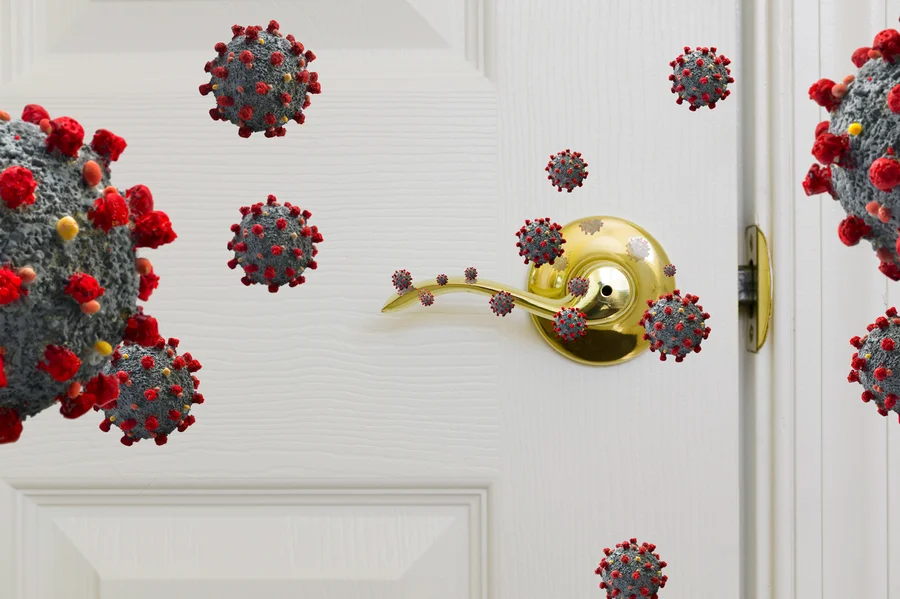 3D illustration of airborne viruses and pathogens floating near a door handle, showing why Depew area homes need air purification services