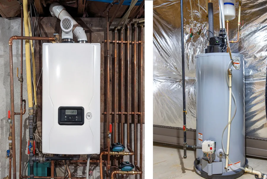 Side-by-side comparison of a tankless and traditional tank water heater to help West Seneca area homeowners choose the right system
